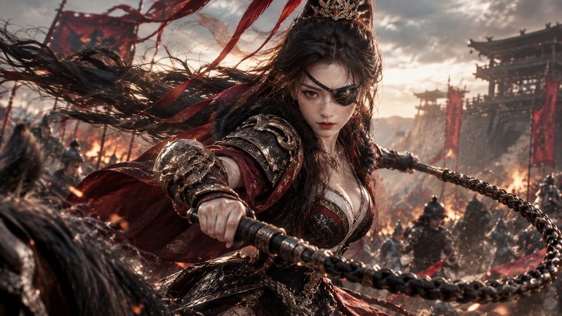 Fierce female warrior with an eyepatch wields a chain whip while charging into a chaotic medieval siege battle