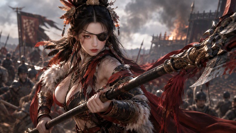 Fierce female warrior with an eyepatch grips an ornate polearm on a smoldering ancient battlefield