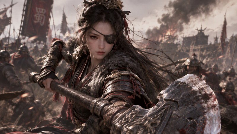 Eyepatch-clad female warrior wields a bloodied battle axe at the center of a raging ancient battl...