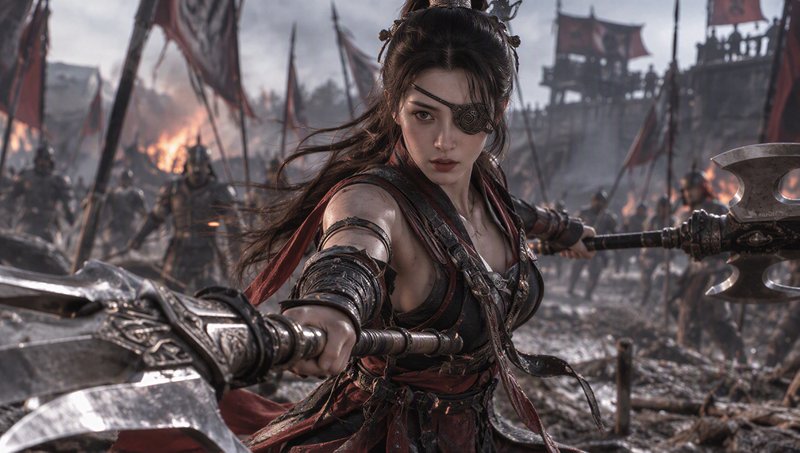 Eyepatch wearing female warrior holding twin battle axes on a burning chaotic battlefield