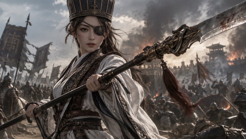 Female ancient Chinese commander with an eyepatch holds a guandao on a chaotic fiery battlefield