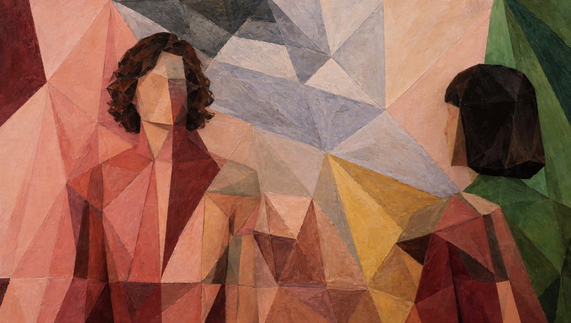 Cubist geometric painting of two faceted angular human figures set against a triangular patterned...