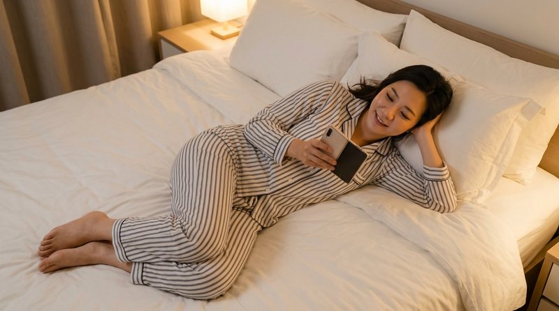 Smiling woman in striped pajamas lies on a cozy bed using her foldable smartphone in a warm bedroom