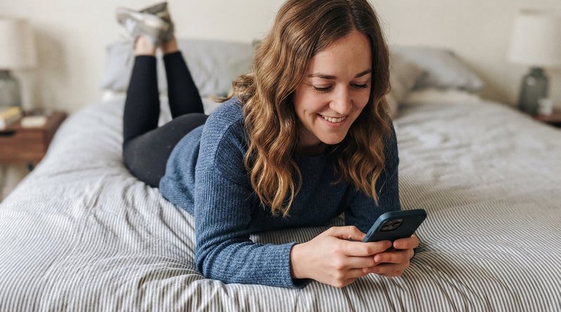 Smiling young woman lying face down on a bed while using her smartphone