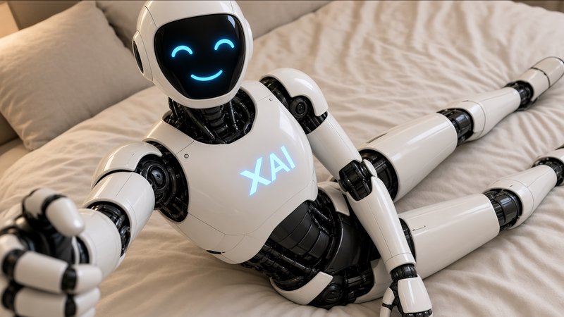 Friendly xAI humanoid robot with a glowing smile gives a thumbs up while reclining on a bed