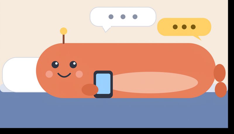 Smiling orange cartoon worm character lays in bed holding a smartphone with typing chat bubbles a...