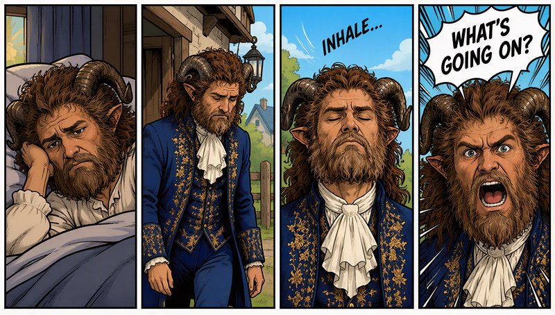 Four panel comic of a horned tiefling man waking up and growing increasingly confused before shou...