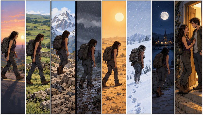 Sequential comic panels follow a female hiker trekking through changing weather to arrive home to...