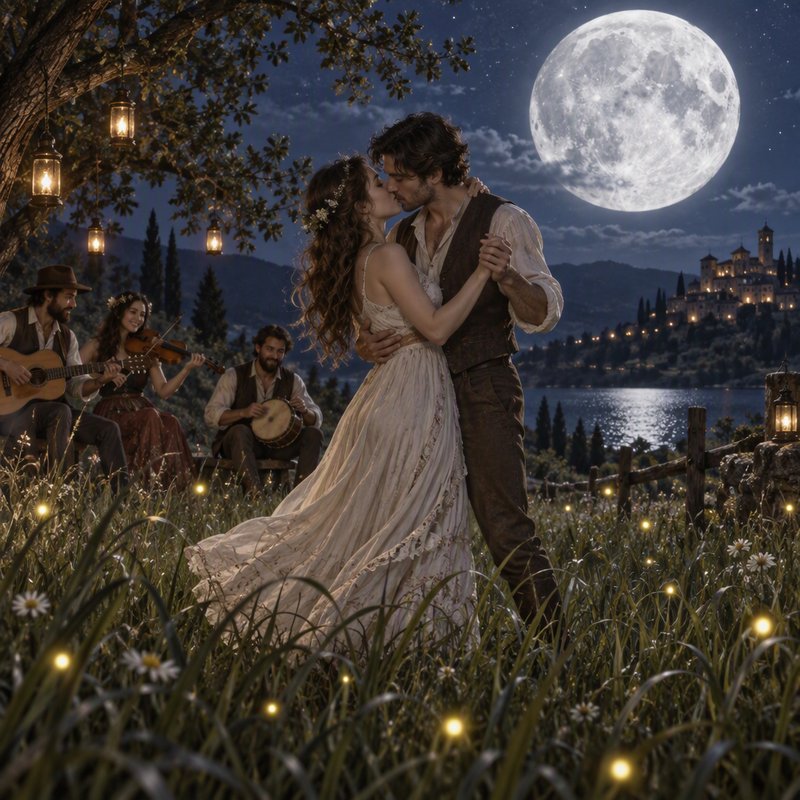 Couple dances and kisses under a bright full moon as musicians play in a firefly lit lakeside meadow
