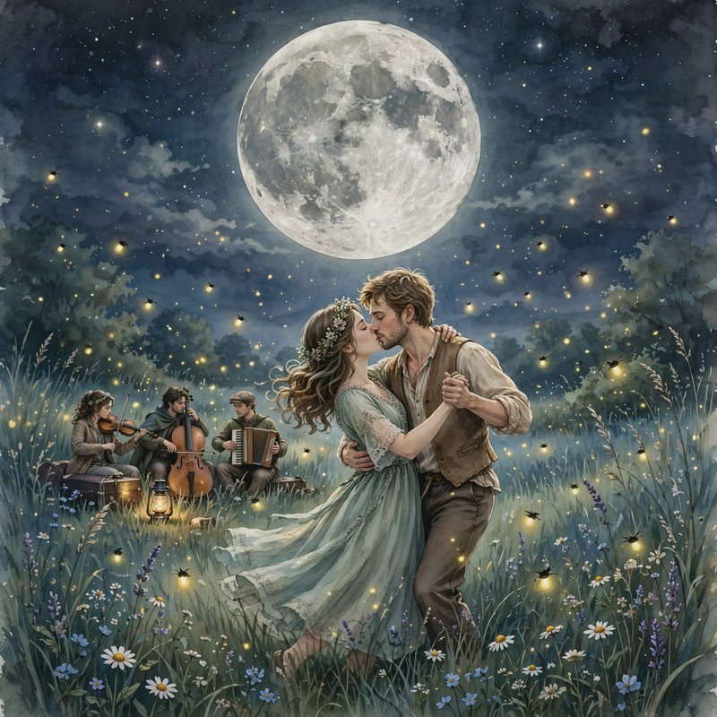 Couple dances and shares a kiss in a wildflower meadow under a giant full moon while musicians play nearby amid glowing