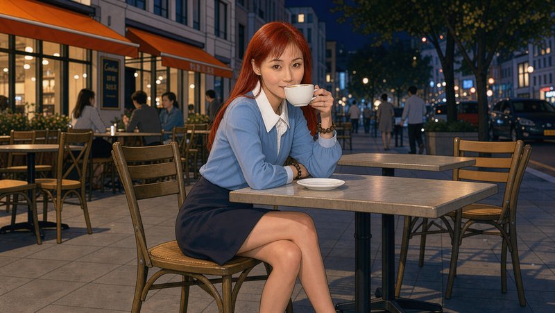 Young red haired woman sips coffee at an outdoor sidewalk city cafe at dusk