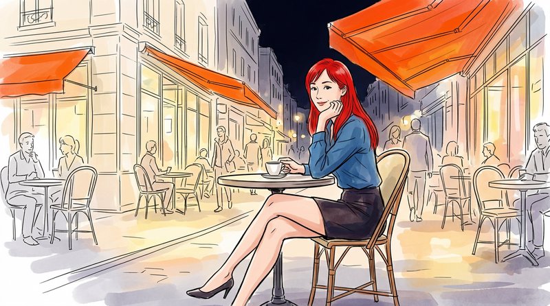 Red-haired woman sitting at a Parisian sidewalk cafe table holding a coffee cup at night