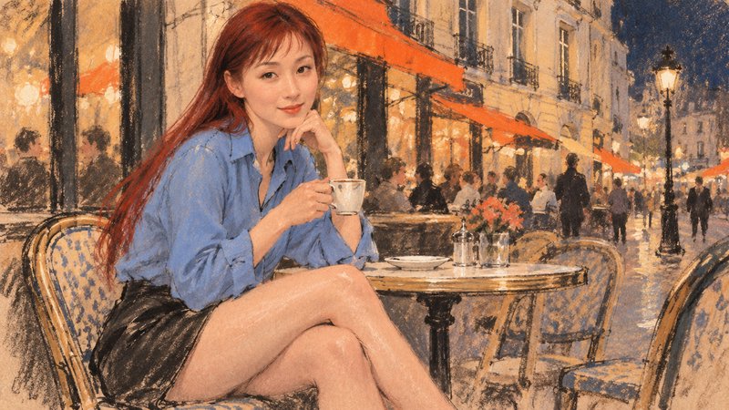 Young red-haired woman holds a coffee cup while seated at a Paris sidewalk cafe at twilight