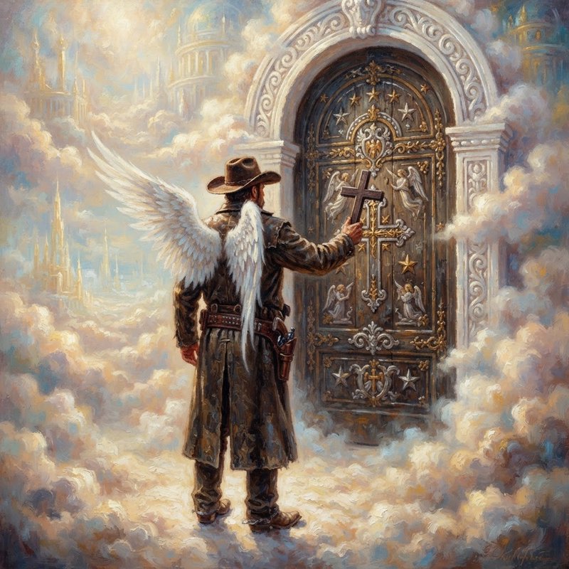 Winged cowboy angel holds a wooden cross before ornate carved pearly gates of heaven