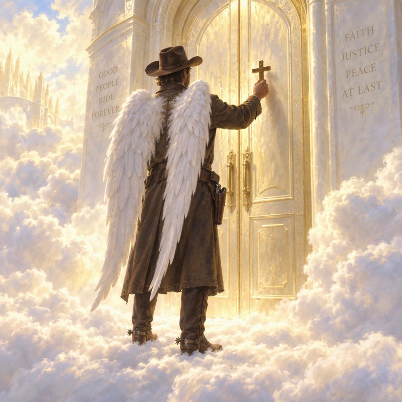Winged cowboy angel holds a cross while knocking on glowing golden pearly gates in heaven