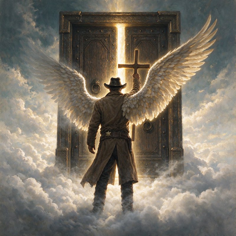 Winged cowboy angel holding a wooden cross stands before glowing open heaven gates above billowin...