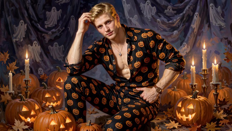 Handsome blonde man in pumpkin print loungewear poses among glowing jack-o-lanterns and Halloween...