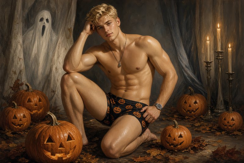 Muscular blonde man in pumpkin print shorts kneels surrounded by jack-o-lanterns with a ghost in the background
