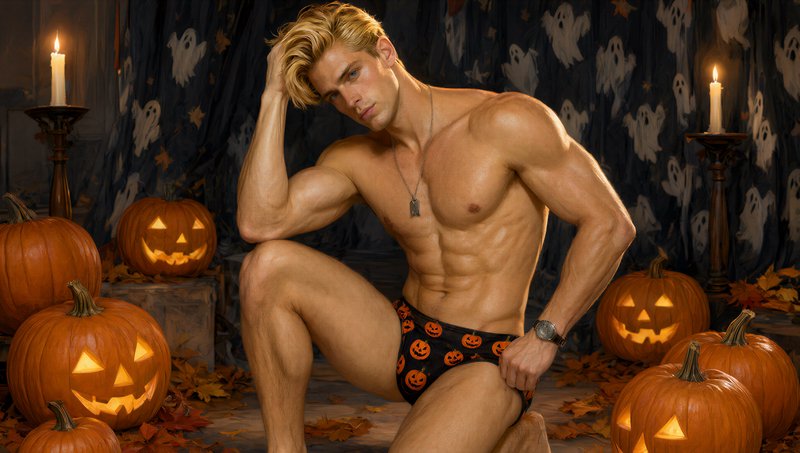 Muscular blonde shirtless man posing among glowing jack-o'-lanterns in a Halloween themed studio set