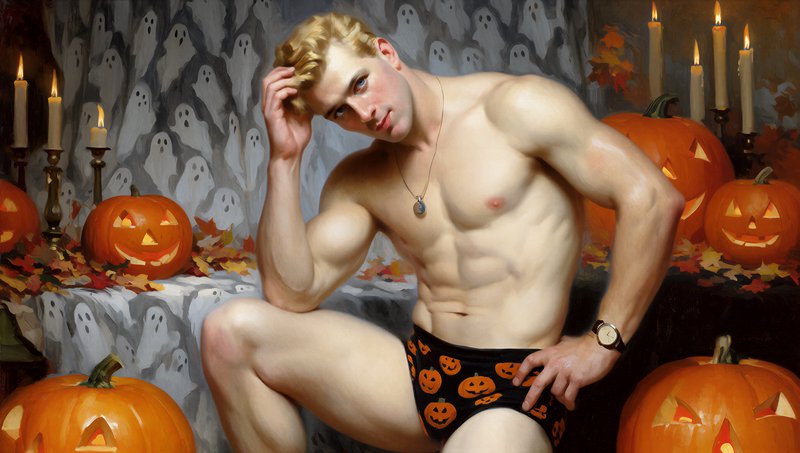 Muscular shirtless blonde man posed surrounded by glowing Halloween jack-o-lanterns and candle decor