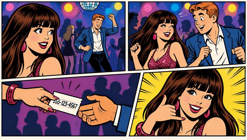 Retro pop art comic strip sequence showing a flirty couple exchanging a phone number at a disco p...
