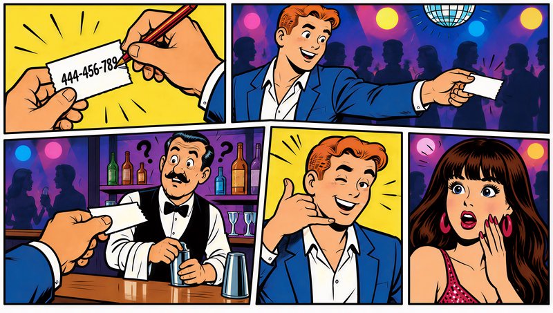 5-panel retro comic showing a man accidentally giving his phone number to a bartender at a disco ...