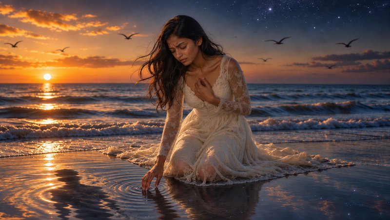 Woman in an ivory lace dress kneeling on a beach touching shallow rippling ocean water at twilight