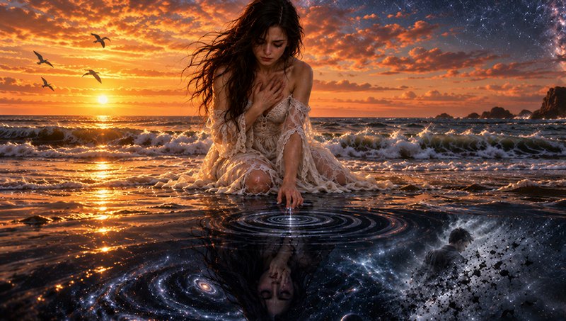Somber woman in a lace gown kneels on a beach touching rippling water beneath a split sunset and starry sky