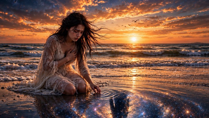 Melancholic young woman kneels on a beach, touching starry shallow water at a vibrant golden sunset