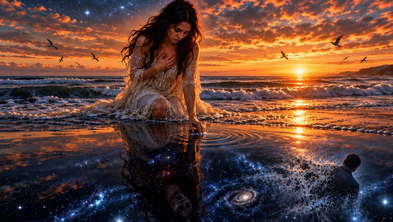Woman in a lace dress kneels on a sunset beach touching water that reflects swirling cosmic galaxies
