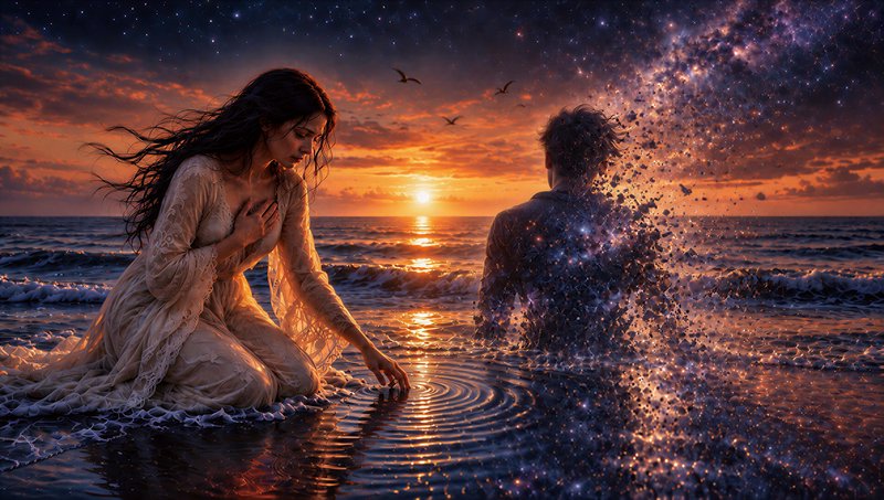 Grieving woman kneels in shallow ocean water at sunset as a man dissolves into stardust beside her