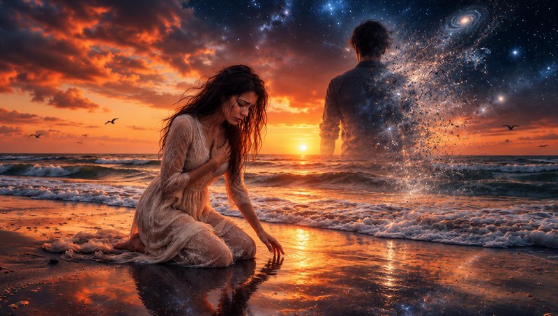Grieving woman kneels on a sunset beach as a man dissolves into cosmic stardust in the ocean