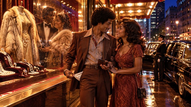 Playful 1970s couple window shops at a luxury jewelry store as the man pulls out his empty pocket
