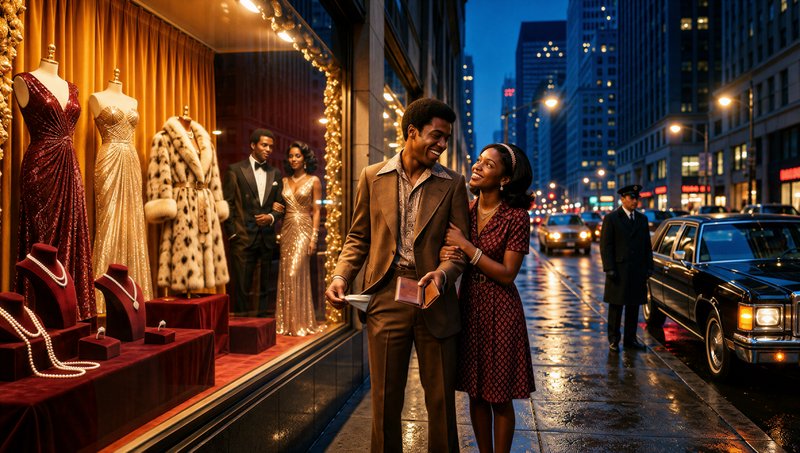 Smiling 1970s couple window shopping outside a luxury department store on a wet downtown evening
