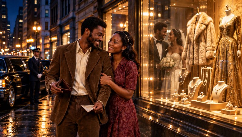 Smiling Black couple window shopping at a luxury boutique on a rain-slicked downtown city street ...