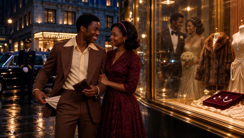 Playful mid-century Black couple laughs outside a luxury boutique window on a wet city evening
