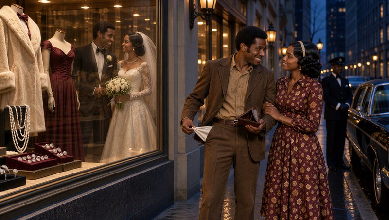 Smiling 1960s Black couple outside a luxury department store, man joking with empty wallet beside...