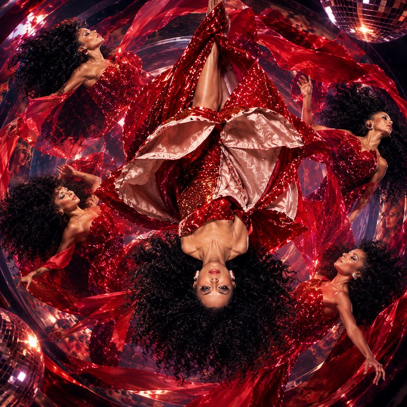Kaleidoscopic mirrored portrait of a woman in a red sequined gown floating upside down near disco...