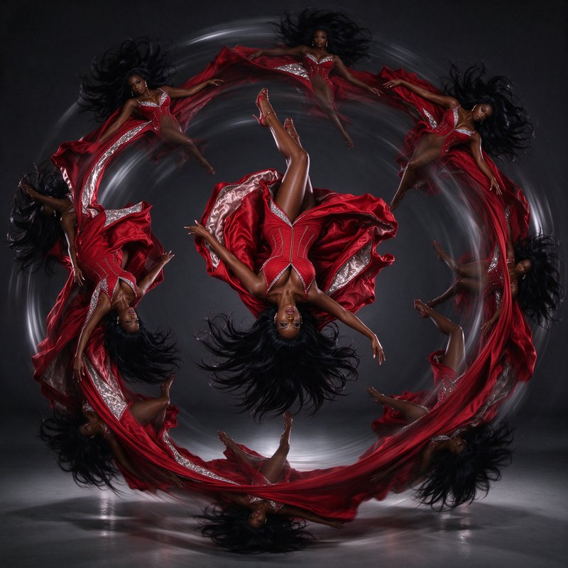 Circular swirling composite of a Black woman in a red gown arranged in a spinning ring formation