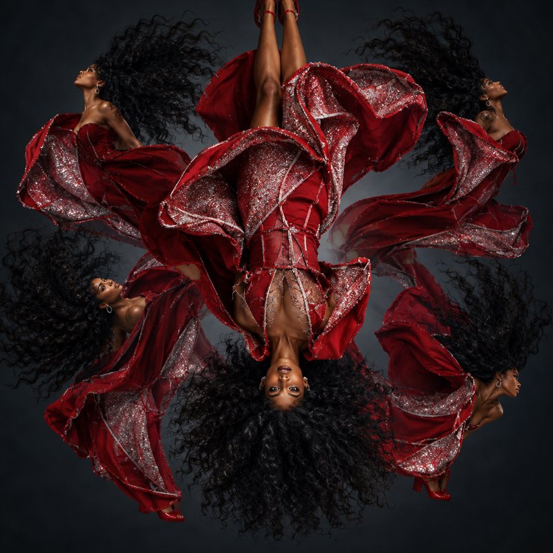Symmetrical radial composite of a Black woman in a flowing red gown arranged in a spinning circul...