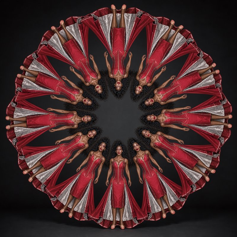Symmetrical circular mandala arrangement of women in matching red gowns against a dark studio bac...