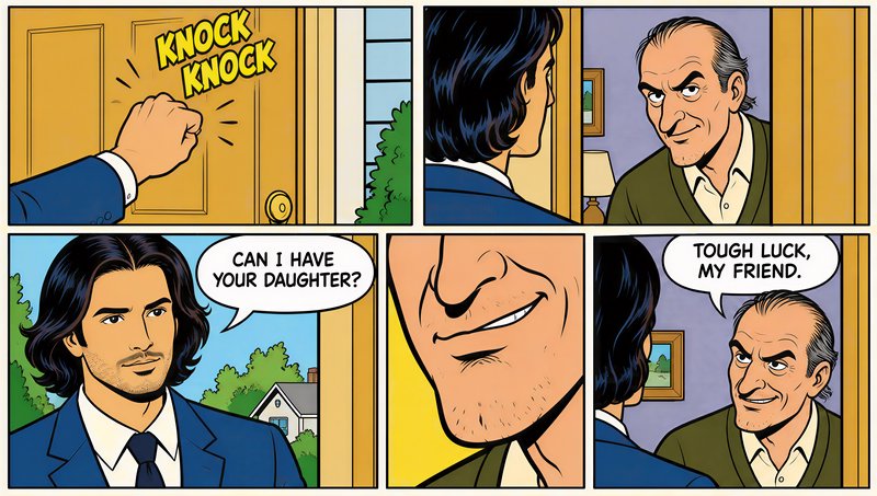 Four panel pop art comic showing a suitor asking a skeptical father for his daughter and getting ...