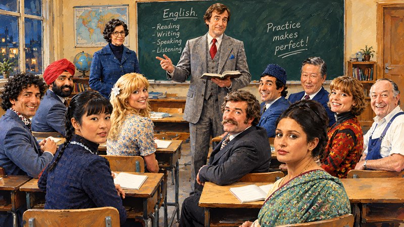 Teacher leads a diverse adult English class as students seated at vintage desks look back at the ...