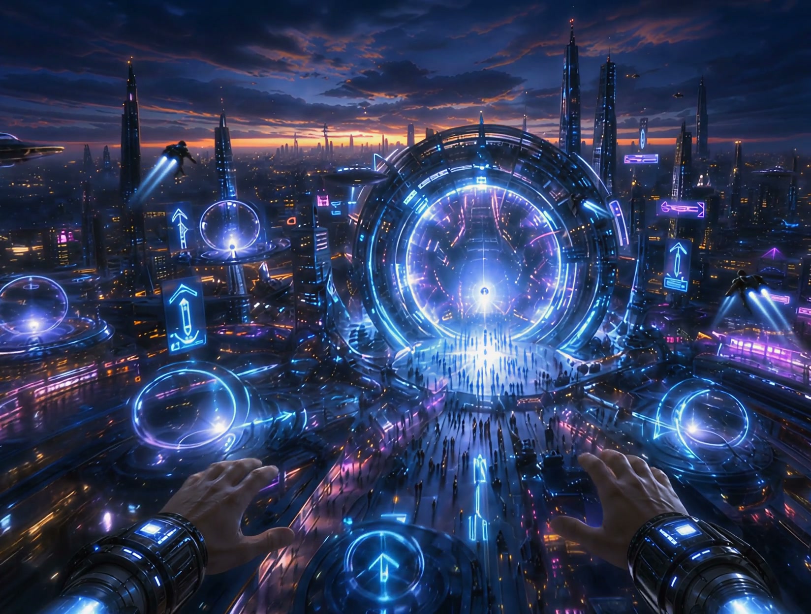 Futuristic neon cityscape at dusk, seen from a first-person hover vantage with glowing portals.