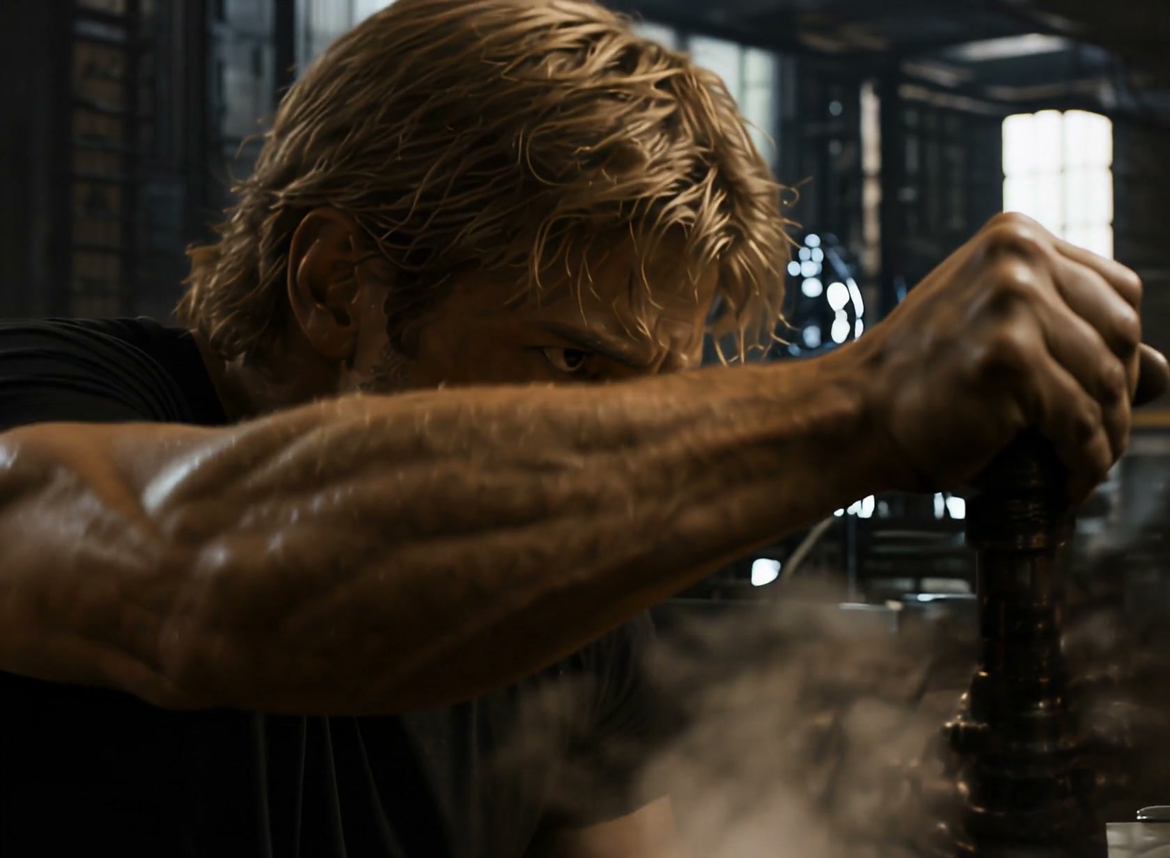 Intense muscular blonde man strains to turn a heavy industrial valve, sweat glistening, steam ris...