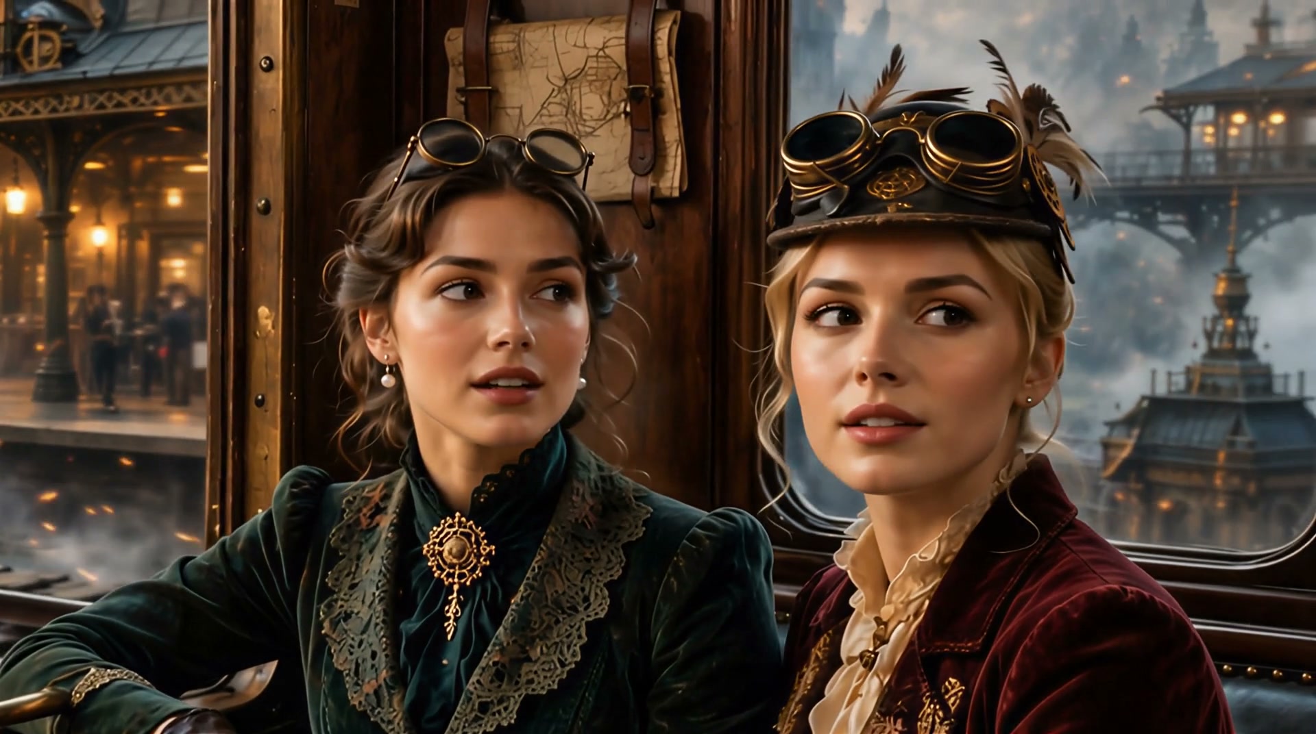 Two elegant steampunk women sit inside a vintage wooden train carriage, with a misty fantasy rail...