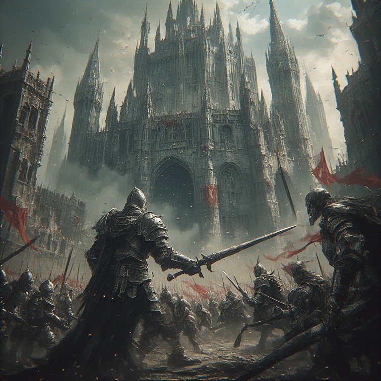 Dark armored knights clash in a medieval siege before a towering gothic castle.