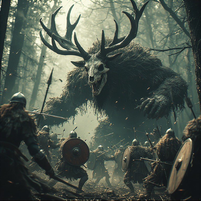 Massive antlered forest creature with a skull face confronts armored soldiers in a misty woodland