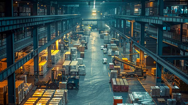 Interior of a large industrial warehouse with forklifts, pallets, and stacked goods.