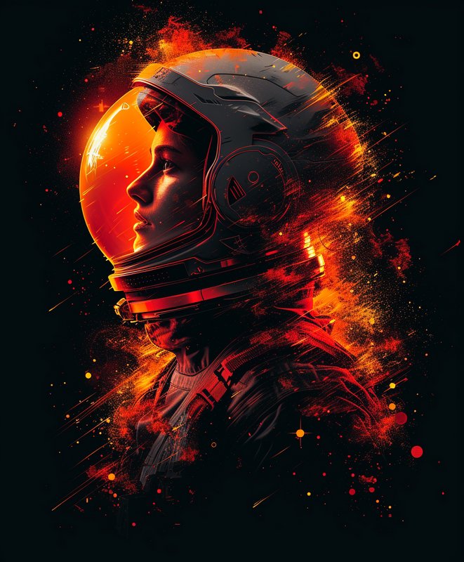 Portrait of an astronaut in a helmet with fiery orange glow and dynamic light splashes.